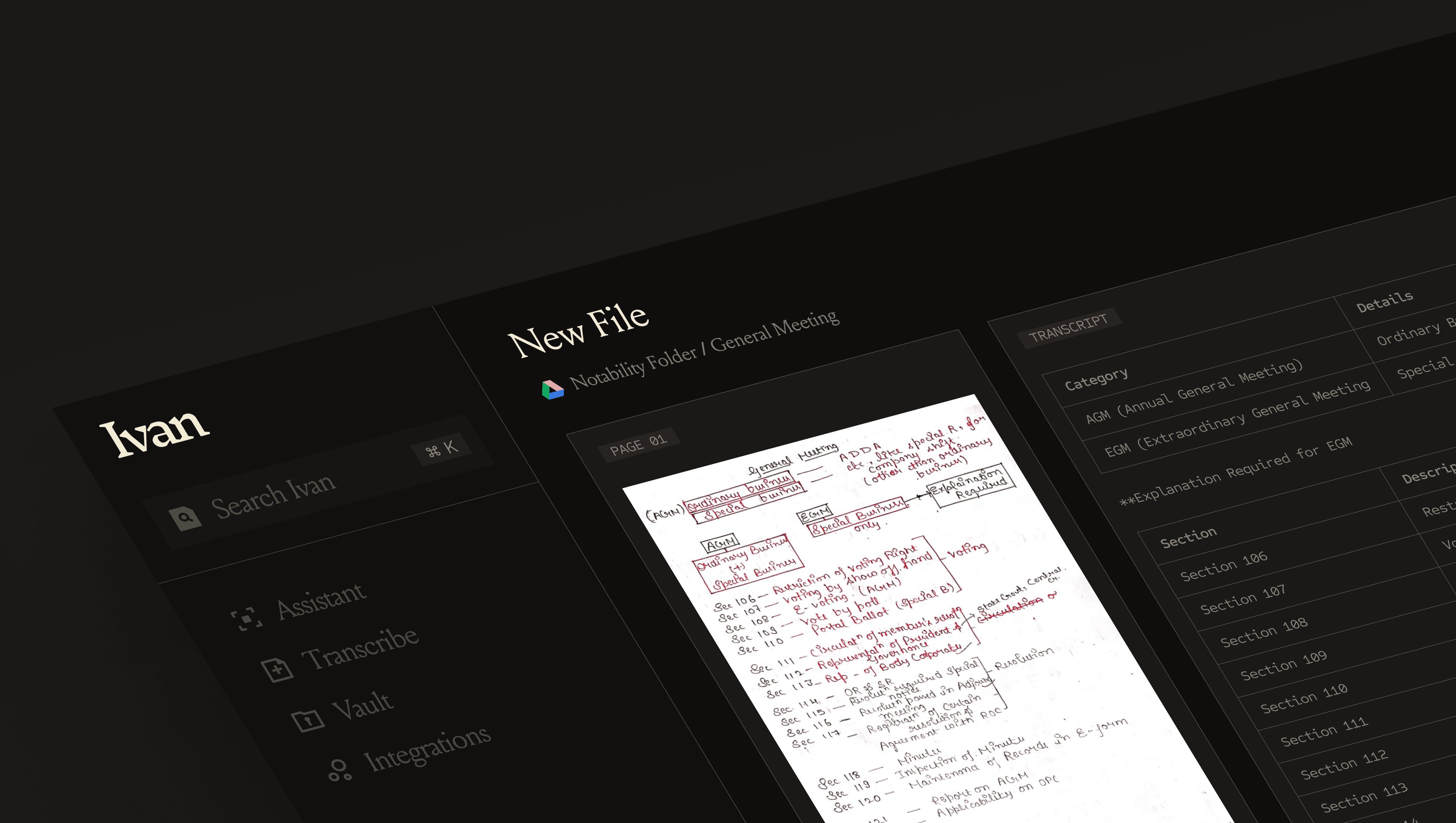 Ivan app interface showing handwritten notes and transcription